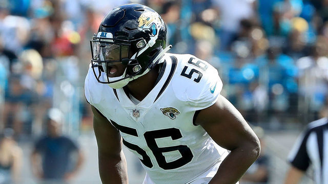 JACKSONVILLE, FL - SEPTEMBER 30: Dante Fowler #56 of the Jacksonville Jaguars lines up during the game against the New York Jets on September 30, 2018 in Jacksonville, Florida.