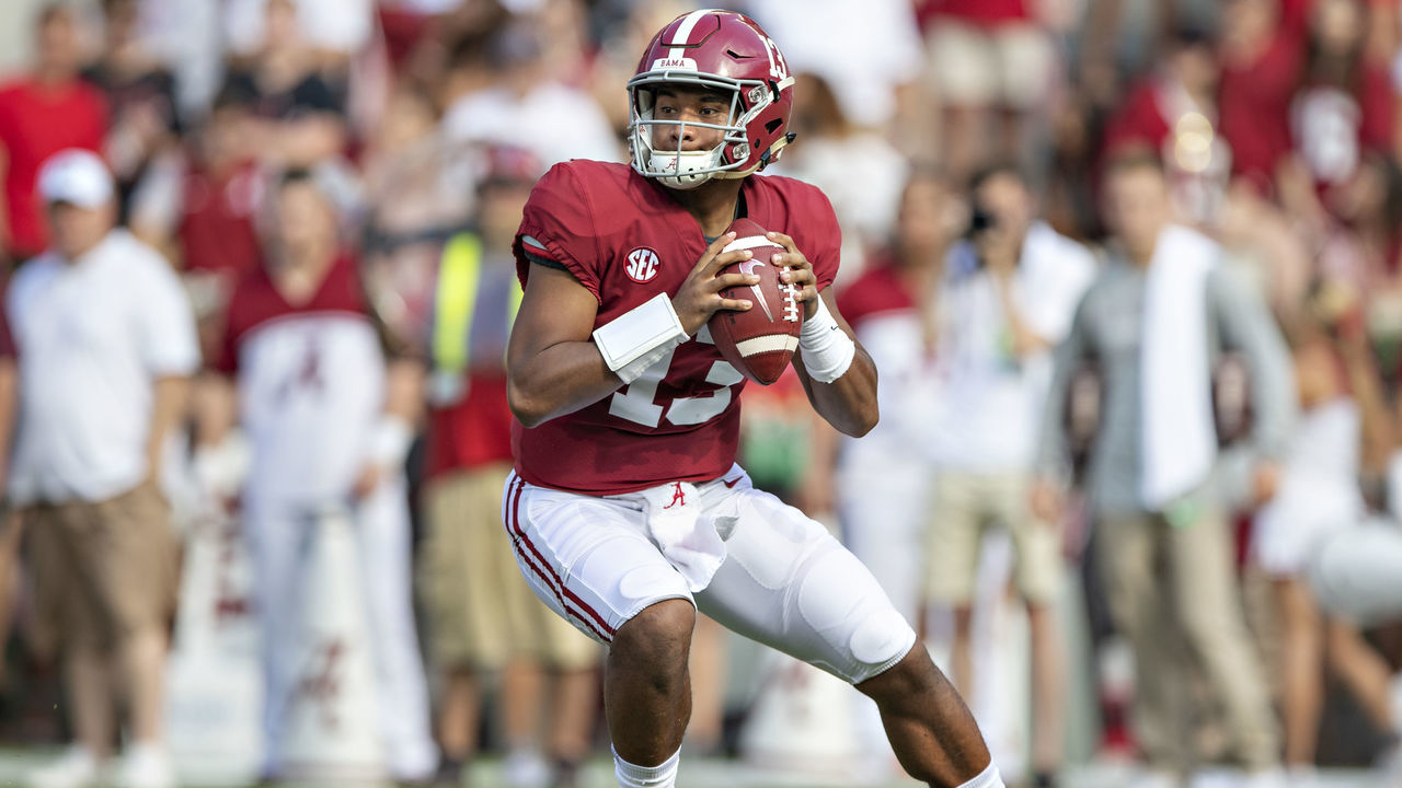 TUSCALOOSA, AL - SEPTEMBER 22: Tua Tagovailoa #13 of the Alabama Crimson Tide drops back to pass during a game against the Texas A&M Aggies at Bryant-Denny Stadium on September 22, 2018 in Tuscaloosa, Alabama. The Crimson Tide defeated the Aggies 45-23.