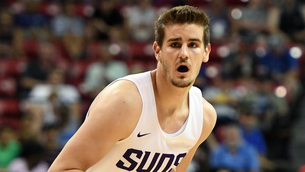 LAS VEGAS, NV - JULY 09: Dragan Bender #35 of the Phoenix Suns looks to pass against the Orlando Magic during the 2018 NBA Summer League at the Thomas & Mack Center on July 9, 2018 in Las Vegas, Nevada. The Suns defeated the Magic 71-53.
