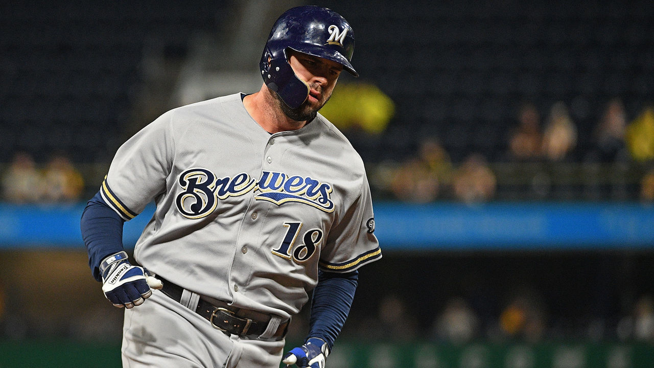 PITTSBURGH, PA - SEPTEMBER 21: Mike Moustakas #18 of the Milwaukee Brewers rounds the bases after hitting a two run home run in the sixth inning during the game at PNC Park on September 21, 2018 in Pittsburgh, Pennsylvania.