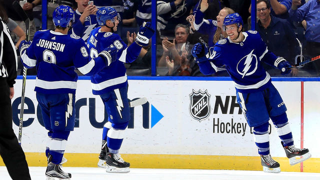 TAMPA, FL - OCTOBER 18: Brayden Point #21 of the Tampa Bay Lightning celebrates a goal during a game against the Detroit Red Wings at Amalie Arena on October 18, 2018 in Tampa, Florida.