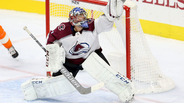 PHILADELPHIA, PA - OCTOBER 22: Semyon Varlamov #1 of the Colorado Avalanche makes a save against the Philadelphia Flyers during the second period at Wells Fargo Center on October 22, 2018 in Philadelphia, Pennsylvania.