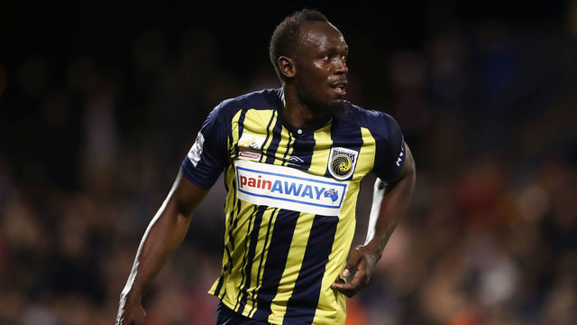 SYDNEY, AUSTRALIA - OCTOBER 12: Usain Bolt of the Mariners celebrates scoring his first goal during the pre-season friendly match between the Central Coast Mariners and Macarthur South West United at Campbelltown Sports Stadium on October 12, 2018 in Sydney, Australia.