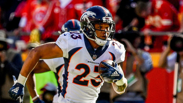 KANSAS CITY, MO - OCTOBER 28: Devontae Booker #23 of the Denver Broncos runs in the open field during the second half of the game against the Denver Broncos at Arrowhead Stadium on October 28, 2018 in Kansas City, Missouri.
