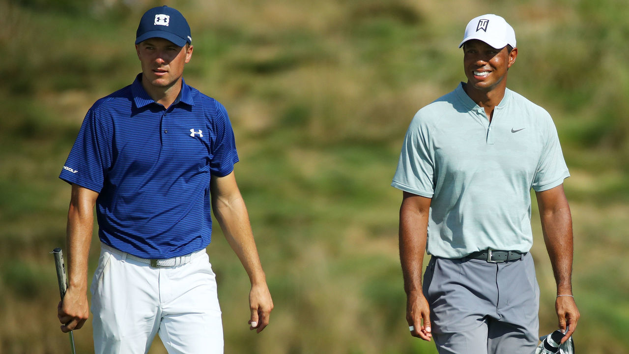 NEWTOWN SQUARE, PA - SEPTEMBER 06: Tiger Woods of the United States and Jordan Spieth of the United States walk during the first round of the BMW Championship at Aronimink Golf Club on September 6, 2018 in Newtown Square, Pennsylvania.