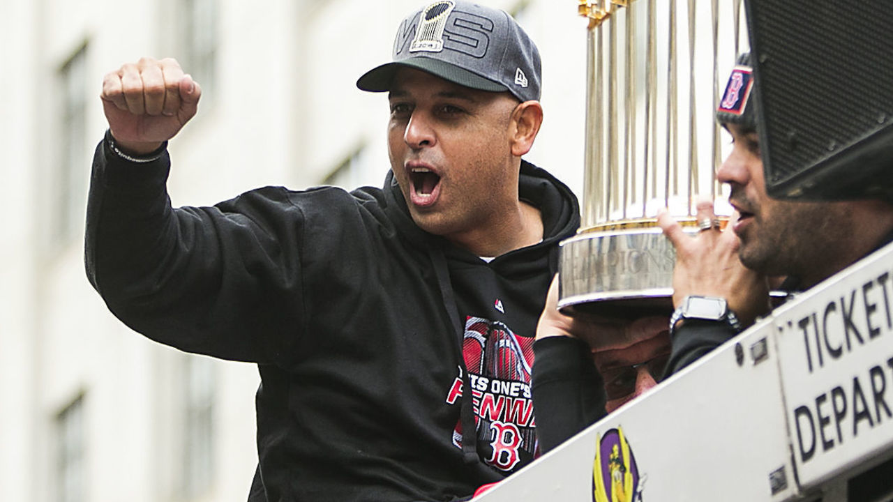 BOSTON, MA - OCTOBER 31: Manager Alex Cora of the Boston Red Sox acknowledges fans during the 2018 World Series victory parade on October 31, 2018 in Boston, Massachusetts.
