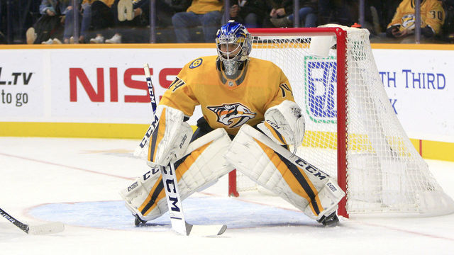 NASHVILLE, TN - OCTOBER 27: Nashville Predators goalie Juuse Saros (74) is shown during the NHL game between the Nashville Predators and the Edmonton Oilers, held on October 27, 2018, at Bridgestone Arena in Nashville, Tennessee.