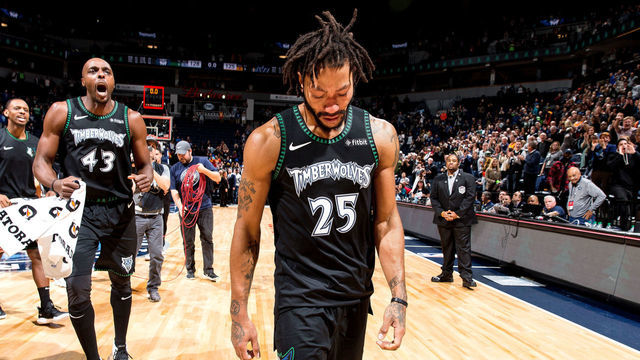 MINNEAPOLIS, MN - OCTOBER 31: Derrick Rose #25 of the Minnesota Timberwolves cries after the game against the Utah Jazz on October 31, 2018 at Target Center in Minneapolis, Minnesota. Mandatory Copyright Notice: Copyright 2018 NBAE