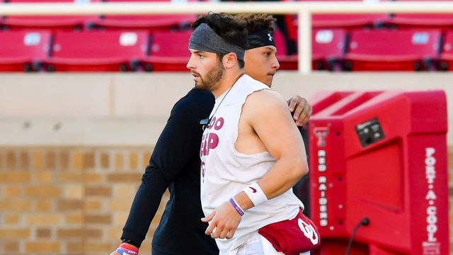 LUBBOCK, TX - OCTOBER 22: Baker Mayfield #6 of the Oklahoma Sooners and Patrick Mahomes II #5 of the Texas Tech Red Raiders on the field before the game between the Texas Tech Red Raiders and the Oklahoma Sooners on October 22, 2016 at AT&T Jones Stadium in Lubbock, Texas. Oklahoma won the game 66-59.