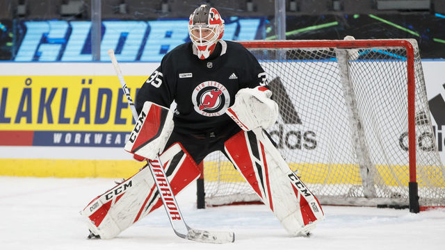 GOTHENBURG, SWE - OCTOBER 5: Cory Schneider #35 of the New Jersey Devils practices at Scandinavium on October 5, 2018 in Gothenburg, Sweden.