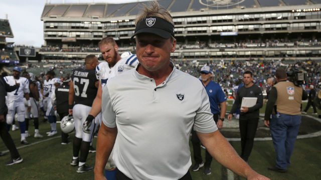 OAKLAND, CA - OCTOBER 28: Oakland Raiders head coach Jon Gruden walks off the field following their 42-28 loss to the Indianapolis Colts for their NFL game at the Coliseum in Oakland, Calif., on Sunday, Oct. 28, 2018. (Nhat V. Meyer/Digital First Media/The Mercury News via Getty Images)