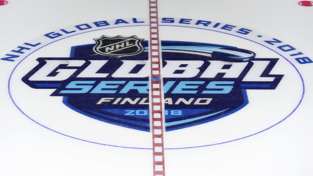 HELSINKI, FINLAND - OCTOBER 31: A general view of the center ice logo before practice in preparation for the 2018 NHL Global Series games between the Florida Panthers and Winnipeg Jets at Hartwall Arena on October 31, 2018 in Helsinki, Finland.