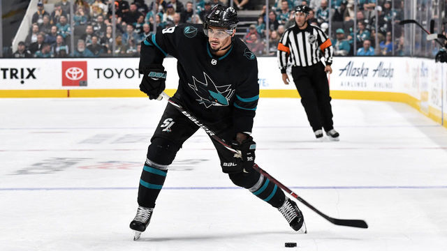SAN JOSE, CA - OCTOBER 18: Evander Kane #9 of the San Jose Sharks looks to take a shot on goal against the Buffalo Sabres at SAP Center on October 18, 2018 in San Jose, California