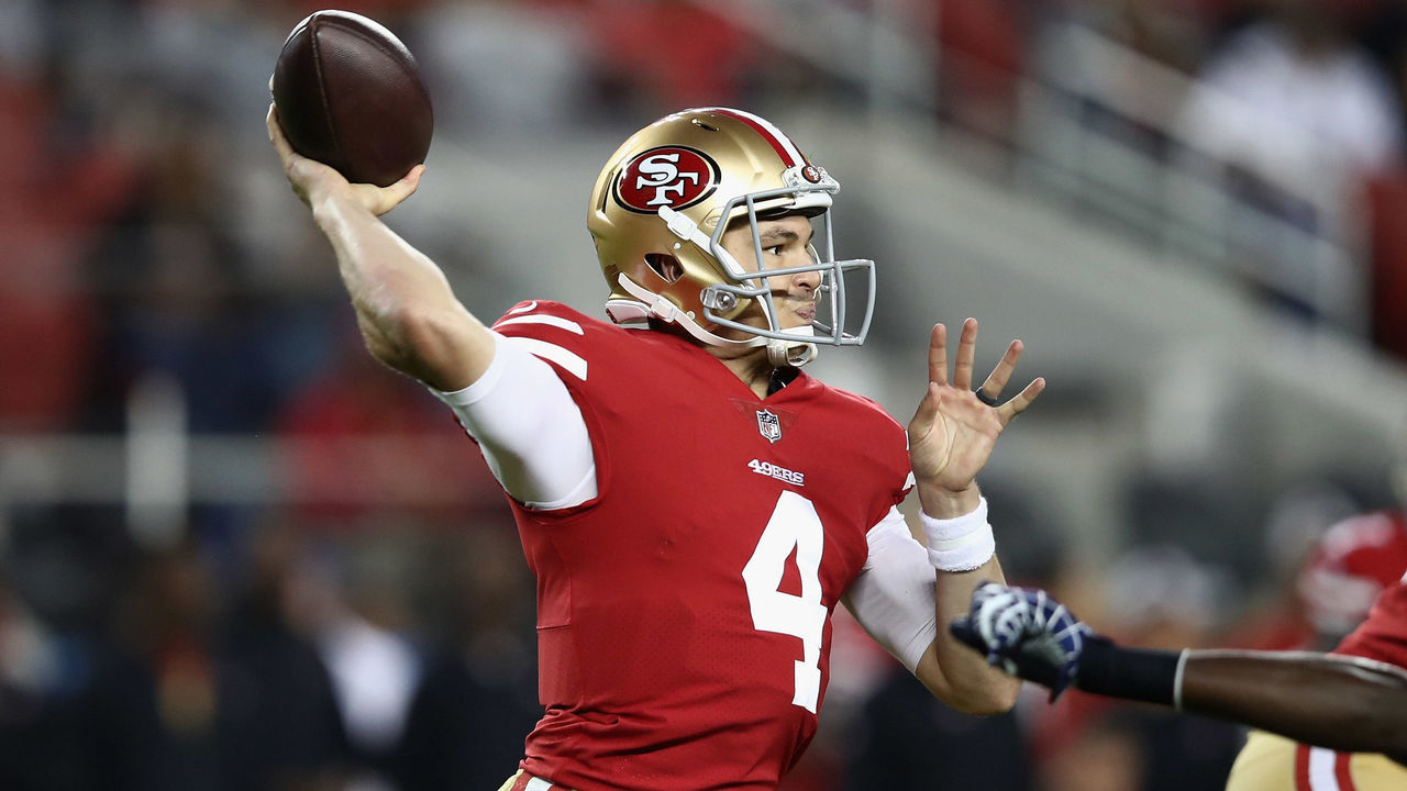 SANTA CLARA, CA - AUGUST 30: Nick Mullens #4 of the San Francisco 49ers throws the ball against the Los Angeles Chargers during their preseason game at Levi's Stadium on August 30, 2018 in Santa Clara, California.