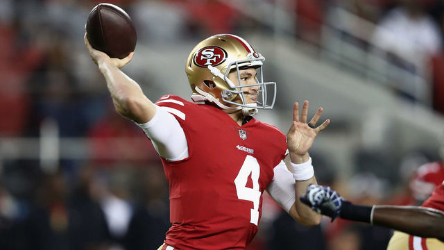 SANTA CLARA, CA - AUGUST 30: Nick Mullens #4 of the San Francisco 49ers throws the ball against the Los Angeles Chargers during their preseason game at Levi's Stadium on August 30, 2018 in Santa Clara, California.