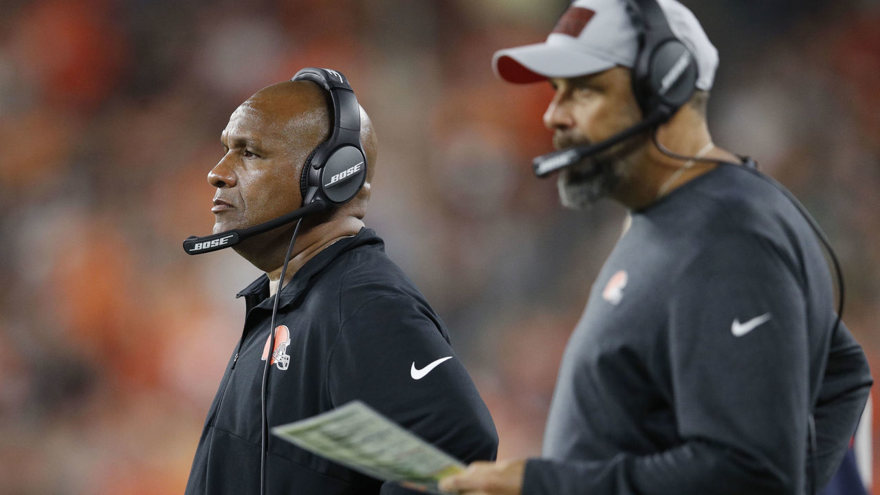 CLEVELAND, OH - SEPTEMBER 20: Head coach Hue Jackson of the Cleveland Browns looks on alongside offensive coordinator Todd Haley during the game against the New York Jets at FirstEnergy Stadium on September 20, 2018 in Cleveland, Ohio. The Browns won 21-17.