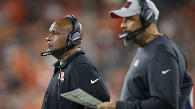 CLEVELAND, OH - SEPTEMBER 20: Head coach Hue Jackson of the Cleveland Browns looks on alongside offensive coordinator Todd Haley during the game against the New York Jets at FirstEnergy Stadium on September 20, 2018 in Cleveland, Ohio. The Browns won 21-17.