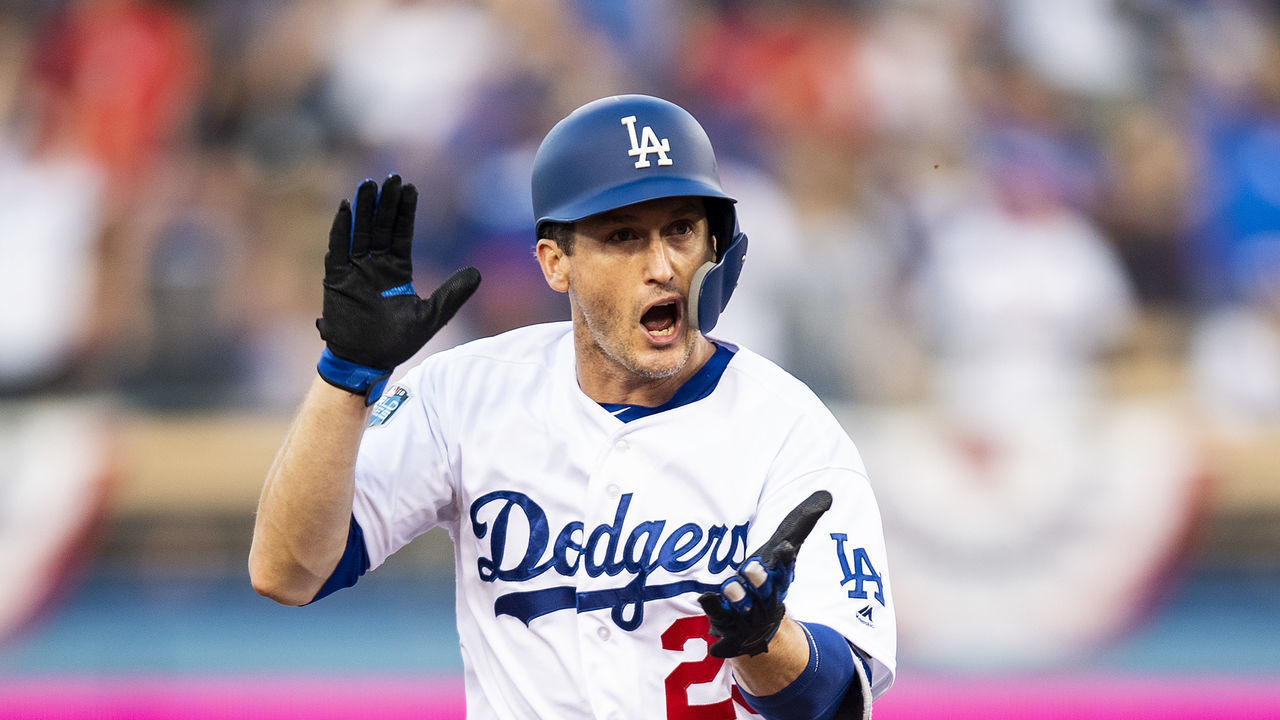 LOS ANGELES, CA - OCTOBER 28: David Freese #25 of the Los Angeles Dodgers reacts after hitting a solo home run during the first inning of game five of the 2018 World Series against the Boston Red Sox on October 28, 2018 at Dodger Stadium in Los Angeles, California.