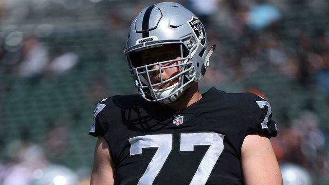 OAKLAND, CA - SEPTEMBER 30: Oakland Raiders Offensive Tackle Kolton Miller (77) during the NFL football game between the Cleveland Browns and the Oakland Raiders on September 30, 2018, at the Oakland Alameda Coliseum in Oakland, CA .