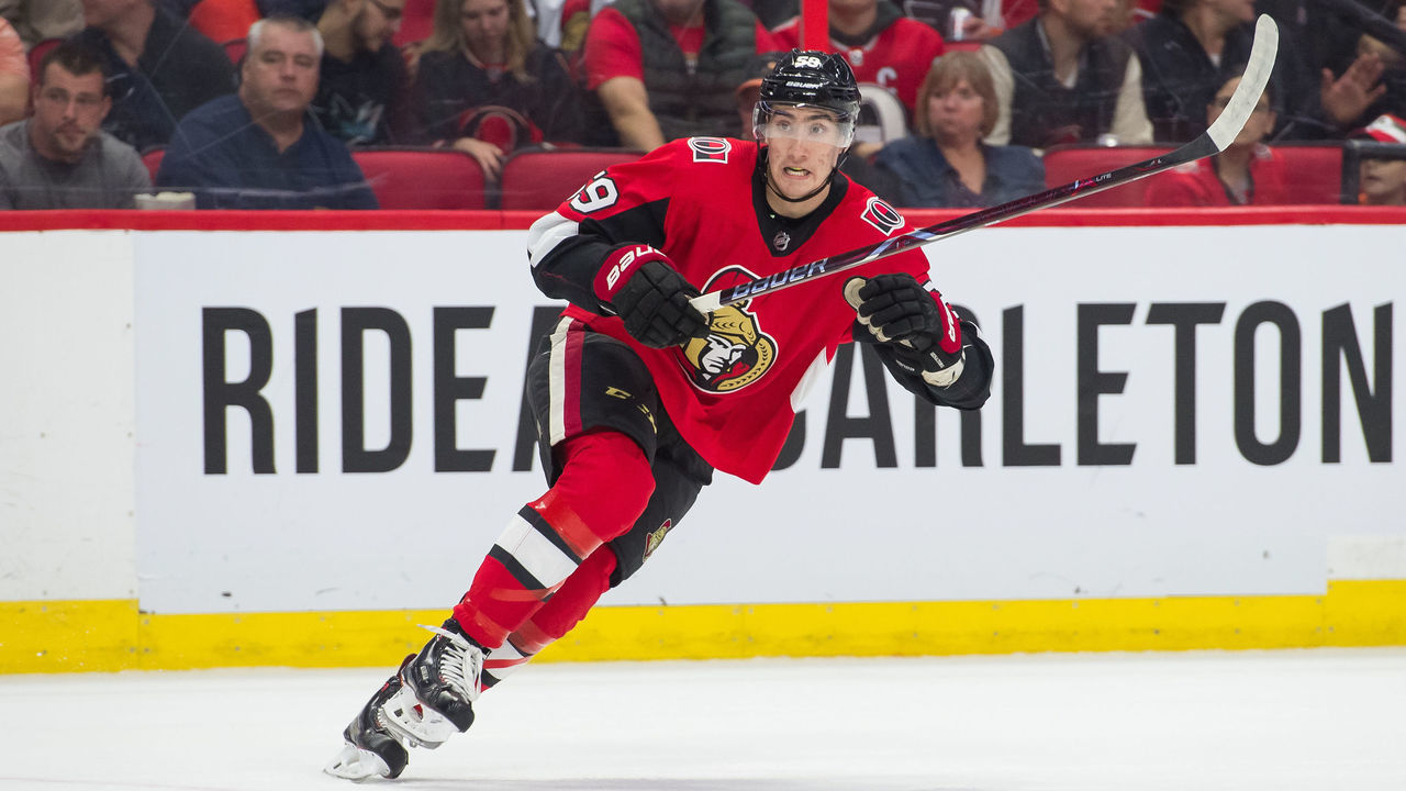 OTTAWA, ON - OCTOBER 10: Ottawa Senators Left Wing Alex Formenton (59) skates during the first period of the NHL game between the Ottawa Senators and the Philadelphia Flyers on Oct. 10, 2018 at the Canadian Tire Centre in Ottawa, Ontario, Canada.