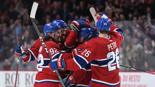 MONTREAL, QC - NOVEMBER 1: Max Domi #13 of the Montreal Canadiens celebrates with teammates after scoring a goal against the Washington Capitals in the NHL game at the Bell Centre on November 1, 2018 in Montreal, Quebec, Canada.