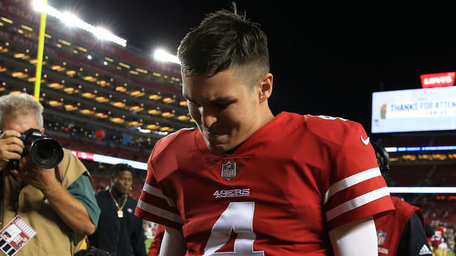SANTA CLARA, CA - NOVEMBER 01: Nick Mullens #4 of the San Francisco 49ers walks off the field after defeating the Oakland Raiders 34-3 in their NFL game at Levi's Stadium on November 1, 2018 in Santa Clara, California.