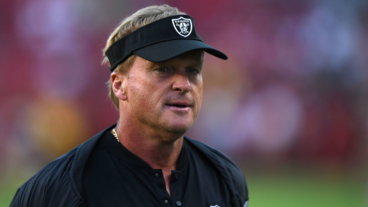 SANTA CLARA, CA - NOVEMBER 01: Head coach Jon Gruden of the Oakland Raiders looks on during warm ups prior to their game against the San Francisco 49ers at Levi's Stadium on November 1, 2018 in Santa Clara, California.