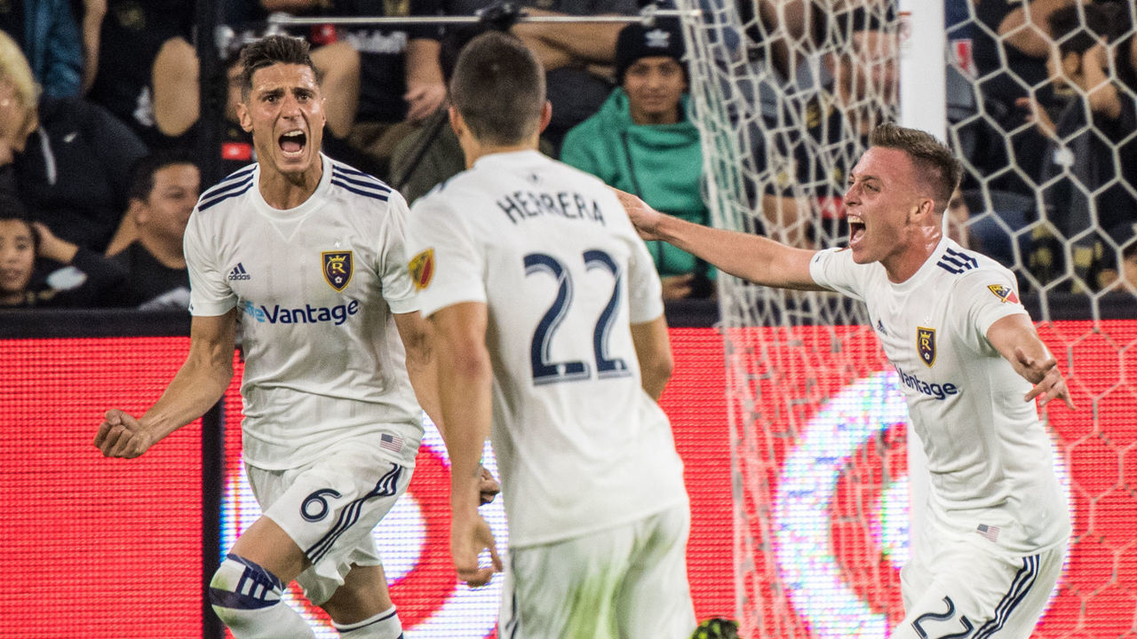 LOS ANGELES, CA - NOVEMBER 1: Damir Kreilach #6 of Real Salt Lake celebrates his first half goal during Los Angeles FC's MLS Western Conference Knockout match against Real Salt Lake at the Banc of California Stadium on November 1, 2018 in Los Angeles, California.