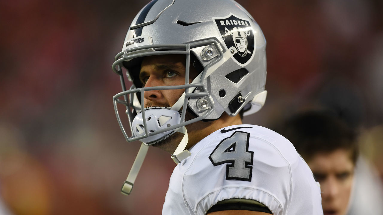 SANTA CLARA, CA - NOVEMBER 01: Derek Carr #4 of the Oakland Raiders looks on during their NFL game against the San Francisco 49ers at Levi's Stadium on November 1, 2018 in Santa Clara, California.