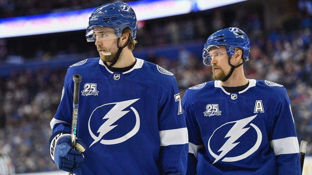 TAMPA, FL - MARCH 10: Tampa Bay Lightning defender Victor Hedman (77) and Tampa Bay Lightning defender Anton Stralman (6) during the first period of an NHL game between the Montreal Canadiens and the Tampa Bay Lightning on March 10, 2018, at Amalie Arena in Tampa, FL.
