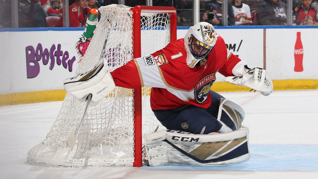 SUNRISE, FL - APRIL 5: Goaltender Roberto Luongo #1 of the Florida Panthers defends the net against the Boston Bruins at the BB&T Center on April 5, 2018 in Sunrise, Florida. Luongo is playing in his 1,000 NHL game as a goaltender, joining Martin Brodeur and Patrick Roy in the exclusive club.