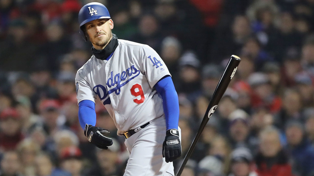 BOSTON, MA - OCTOBER 23: Yasmani Grandal #9 of the Los Angeles Dodgers draws a walk during the seventh inning against the Boston Red Sox in Game One of the 2018 World Series at Fenway Park on October 23, 2018 in Boston, Massachusetts.
