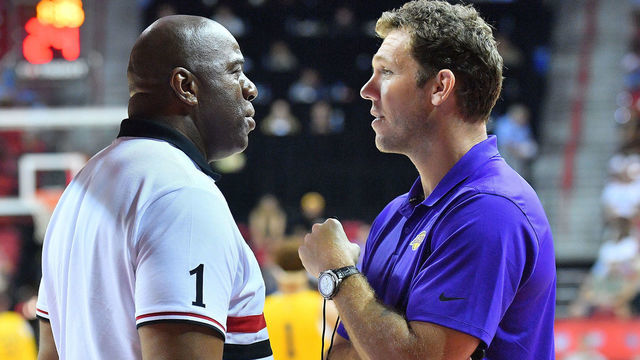 LAS VEGAS, NV - JULY 10: Head coach Luke Walton of the Los Angeles Lakers talks with Los Angeles Lakers president of basketball operations Earvin 'Magic' Johnson during the 2018 NBA Summer League at the Thomas & Mack Center on July 10, 2018 in Las Vegas, Nevada. The Lakers defeated the Knicks 109-92.