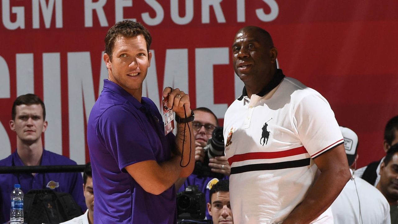 LAS VEAGS, NV - JULY 10: Head Coach Luke Walton and President of Basketball Operations Magic Johnson of the Los Angeles Lakers look on during the game against the New York Knicks during the 2018 Las Vegas Summer League on July 10, 2018 at the Thomas & Mack Center in Las Vegas, Nevada. NOTE TO USER: User expressly acknowledges and agrees that, by downloading and/or using this Photograph, user is consenting to the terms and conditions of the Getty Images License Agreement. Mandatory Copyright Notice: Copyright 2018 NBAE