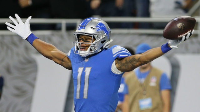 Detroit Lions wide receiver Marvin Jones (11) celebrates after scoring a touchdown during the first half of an NFL football game against the Seattle Seahawks in Detroit, Michigan USA, on Sunday, October 28, 2018.
