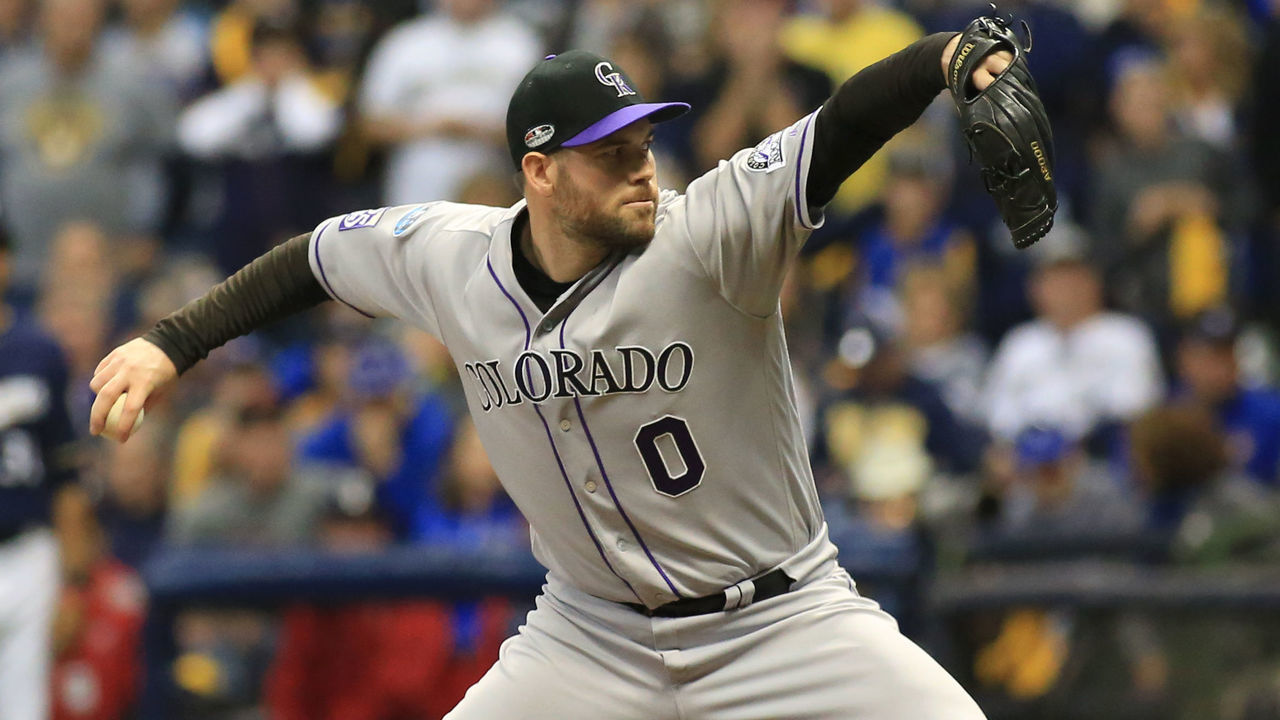 MILWAUKEE, WI - OCTOBER 04: Colorado Rockies relief pitcher Adam Ottavino (0) pitches during game 1 of the NLDS between the Milwaukee Brewers and the Colorado Rockies at Miller Park on October 4, 2018 in Milwaukee, WI.