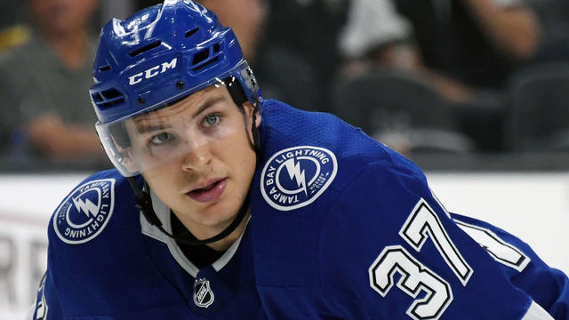 LAS VEGAS, NEVADA - OCTOBER 26: Yanni Gourde #37 of the Tampa Bay Lightning waits for a faceoff in the third period of a game against the Vegas Golden Knights at T-Mobile Arena on October 26, 2018 in Las Vegas, Nevada. The Lightning defeated the Golden Knights 3-2.