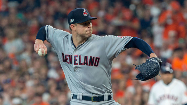 HOUSTON, TX - OCTOBER 05: Cleveland Indians starting pitcher Corey Kluber (28) delivers the pitch in the first inning of game 1 of the ALDS between the Houston Astros and the Cleveland Indians at Minute Maid Park, October 5, 2018 at Houston. Houston Astros defeated Cleveland Indians 7-2.