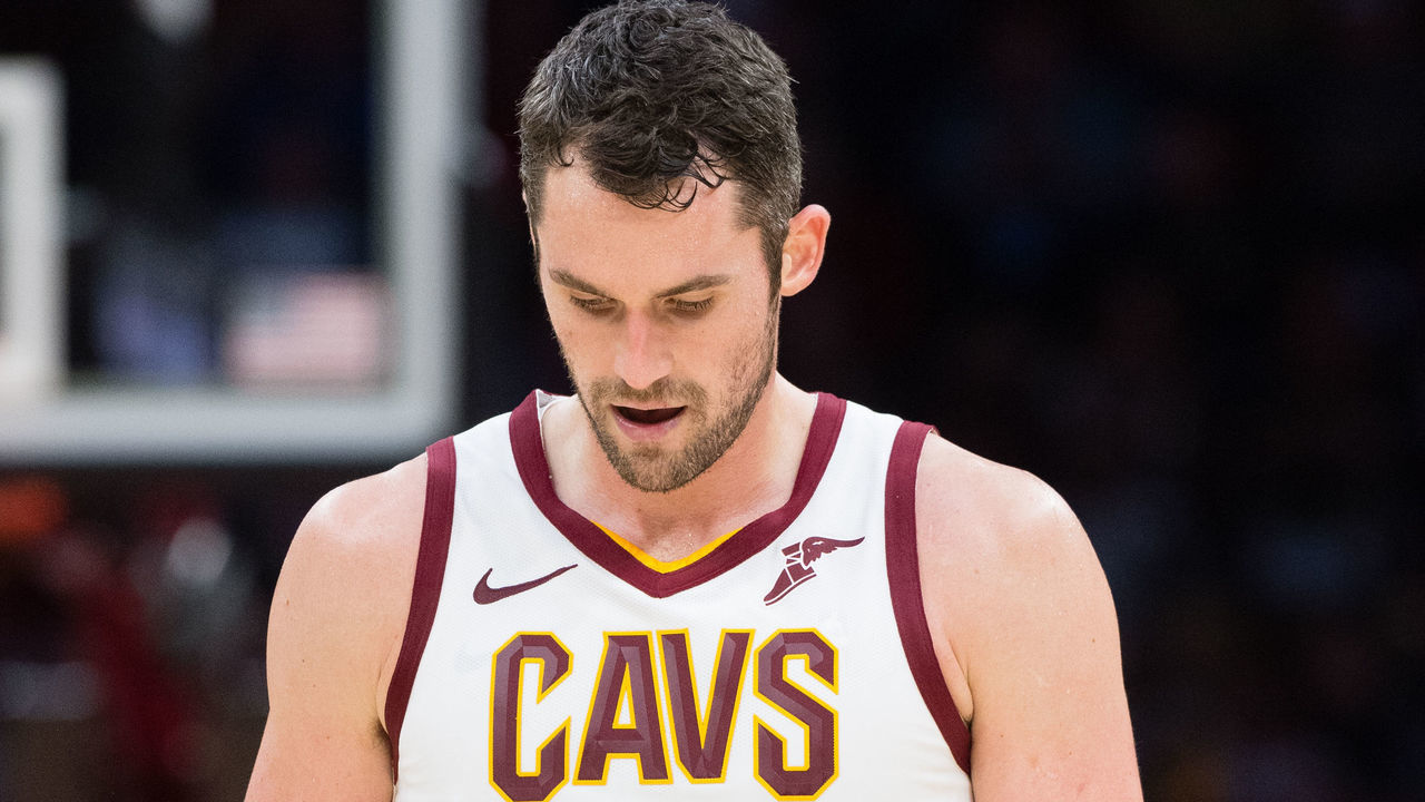 CLEVELAND, OH - OCTOBER 24: Kevin Love #0 of the Cleveland Cavaliers hangs his head during the first half against the Brooklyn Nets at Quicken Loans Arena on October 24, 2018 in Cleveland, Ohio. NOTE TO USER: User expressly acknowledges and agrees that, by downloading and/or using this photograph, user is consenting to the terms and conditions of the Getty Images License Agreement.