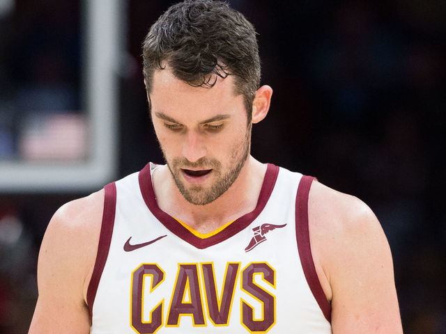 CLEVELAND, OH - OCTOBER 24: Kevin Love #0 of the Cleveland Cavaliers hangs his head during the first half against the Brooklyn Nets at Quicken Loans Arena on October 24, 2018 in Cleveland, Ohio. NOTE TO USER: User expressly acknowledges and agrees that, by downloading and/or using this photograph, user is consenting to the terms and conditions of the Getty Images License Agreement.