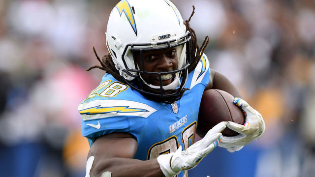 CARSON, CA - OCTOBER 07: Melvin Gordon #28 of the Los Angeles Chargers carries the ball against the Oakland Raiders at StubHub Center on October 7, 2018 in Carson, California.