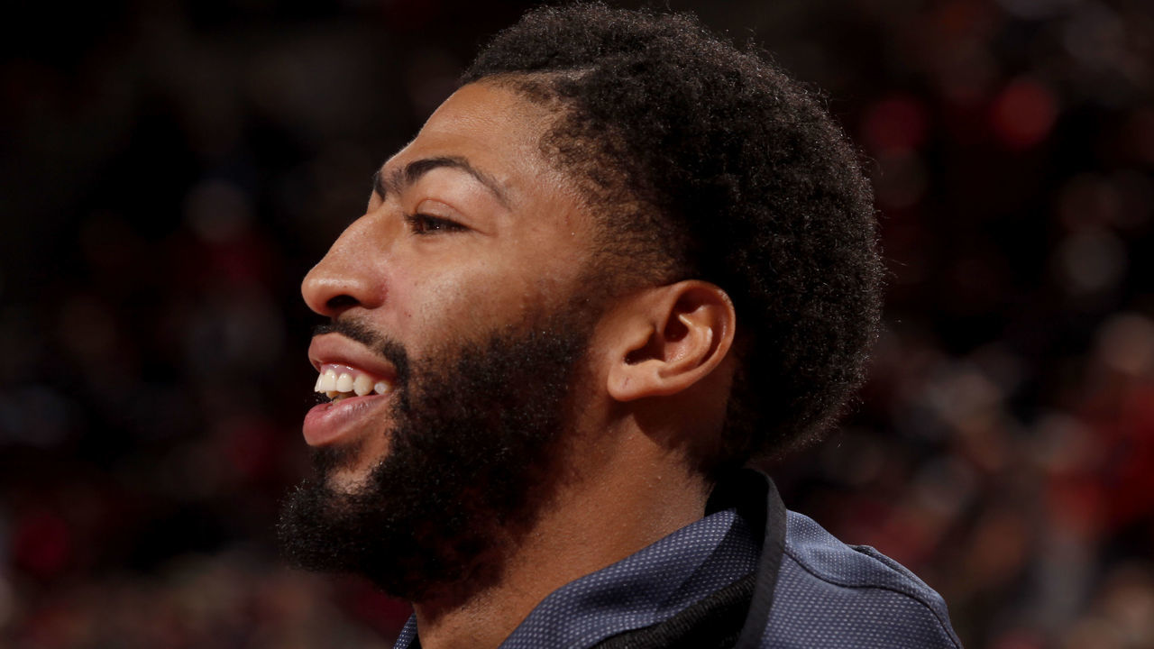 PORTLAND, OR - November 1: Anthony Davis #23 of the New Orleans Pelicans smiles prior to a game against the Portland Trail Blazers on November 1, 2018 at Moda Center in Portland, Oregon. NOTE TO USER: User expressly acknowledges and agrees that, by downloading and/or using this Photograph, user is consenting to the terms and conditions of the Getty Images License Agreement. Mandatory Copyright Notice: Copyright 2018 NBAE