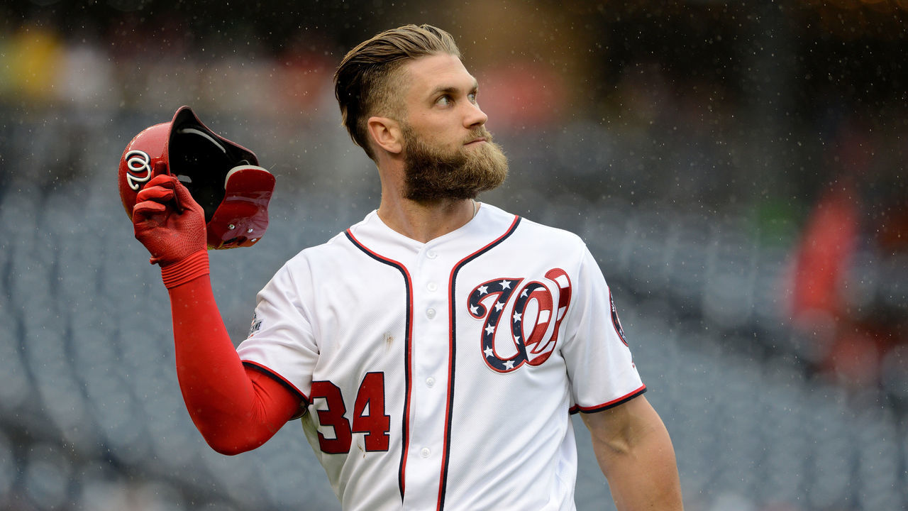 WASHINGTON, DC - SEPTEMBER 23: Bryce Harper #34 of the Washington Nationals reacts after making an out against the New York Mets at Nationals Park on September 23, 2018 in Washington, DC.