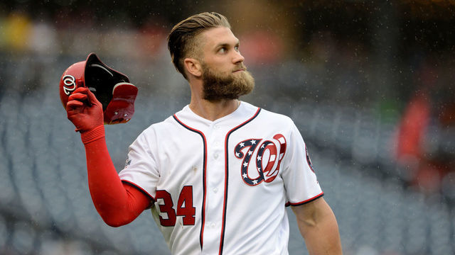 WASHINGTON, DC - SEPTEMBER 23: Bryce Harper #34 of the Washington Nationals reacts after making an out against the New York Mets at Nationals Park on September 23, 2018 in Washington, DC.