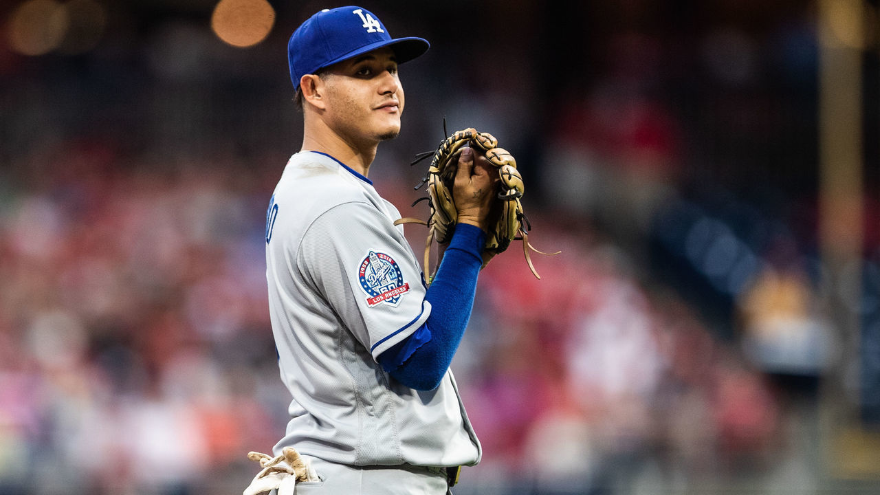 PHILADELPHIA, PA - JULY 24: Manny Machado #8 of the Los Angeles Dodgers looks on during the game against the Philadelphia Phillies at Citizens Bank Park on Tuesday July 24, 2018 in Philadelphia, Pennsylvania.