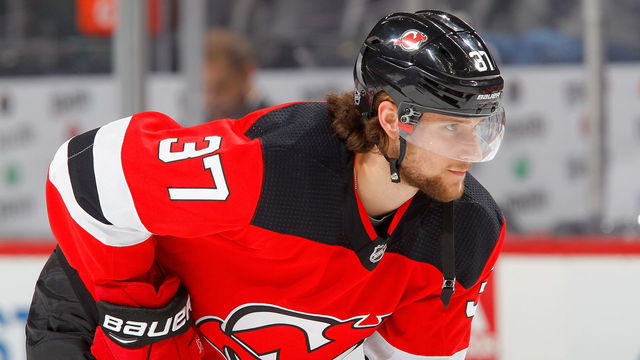 NEWARK, NJ - OCTOBER 16: Pavel Zacha #37 of the New Jersey Devils warms up before a game against the Dallas Stars at Prudential Center on October 16, 2018 in Newark, New Jersey. The Devils defeated the Stars 3-0.
