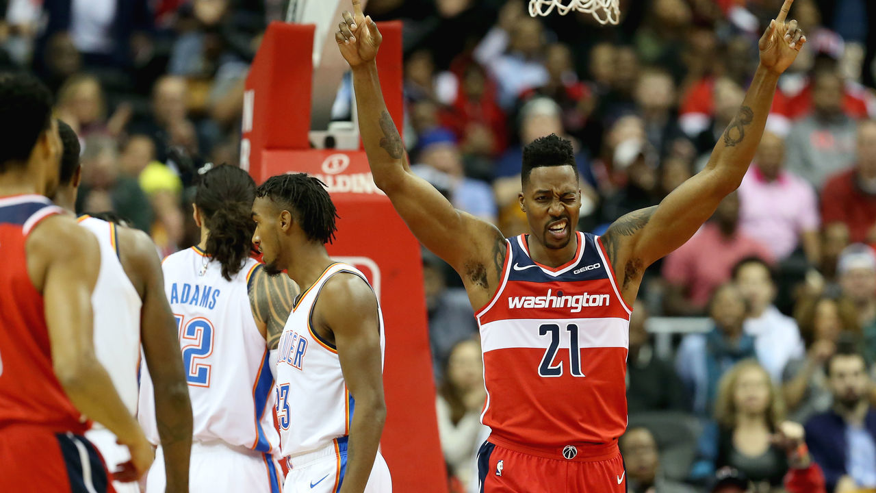 WASHINGTON, DC - NOVEMBER 02: Dwight Howard #21 of the Washington Wizards reacts after a play against the Oklahoma City Thunder during the first half at Capital One Arena on November 2, 2018 in Washington, DC.
