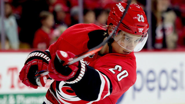 RALEIGH, NC - OCTOBER 20: Sebastian Aho #20 of the Carolina Hurricanes fires a slap shot during pregame prior to an NHL game against the Colorado Avalanche on October 20, 2018 at PNC Arena in Raleigh, North Carolina.