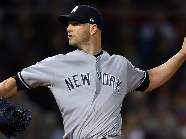 BOSTON, MA. - OCTOBER 5: J.A. Happ #34 of the New York Yankees pitches against the Boston Red Sox in the first inning of Game 1 of Major League Baseball's American League Division Series at Fenway Park in Boston, Massachusetts on October 5, 2018.