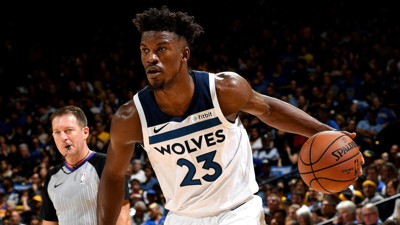 OAKLAND, CA - NOVEMBER 2: Jimmy Butler #23 of the Minnesota Timberwolves handles the ball against the Golden State Warriors on November 2, 2018 at ORACLE Arena in Oakland, California. Mandatory Copyright Notice: Copyright 2018 NBAE
